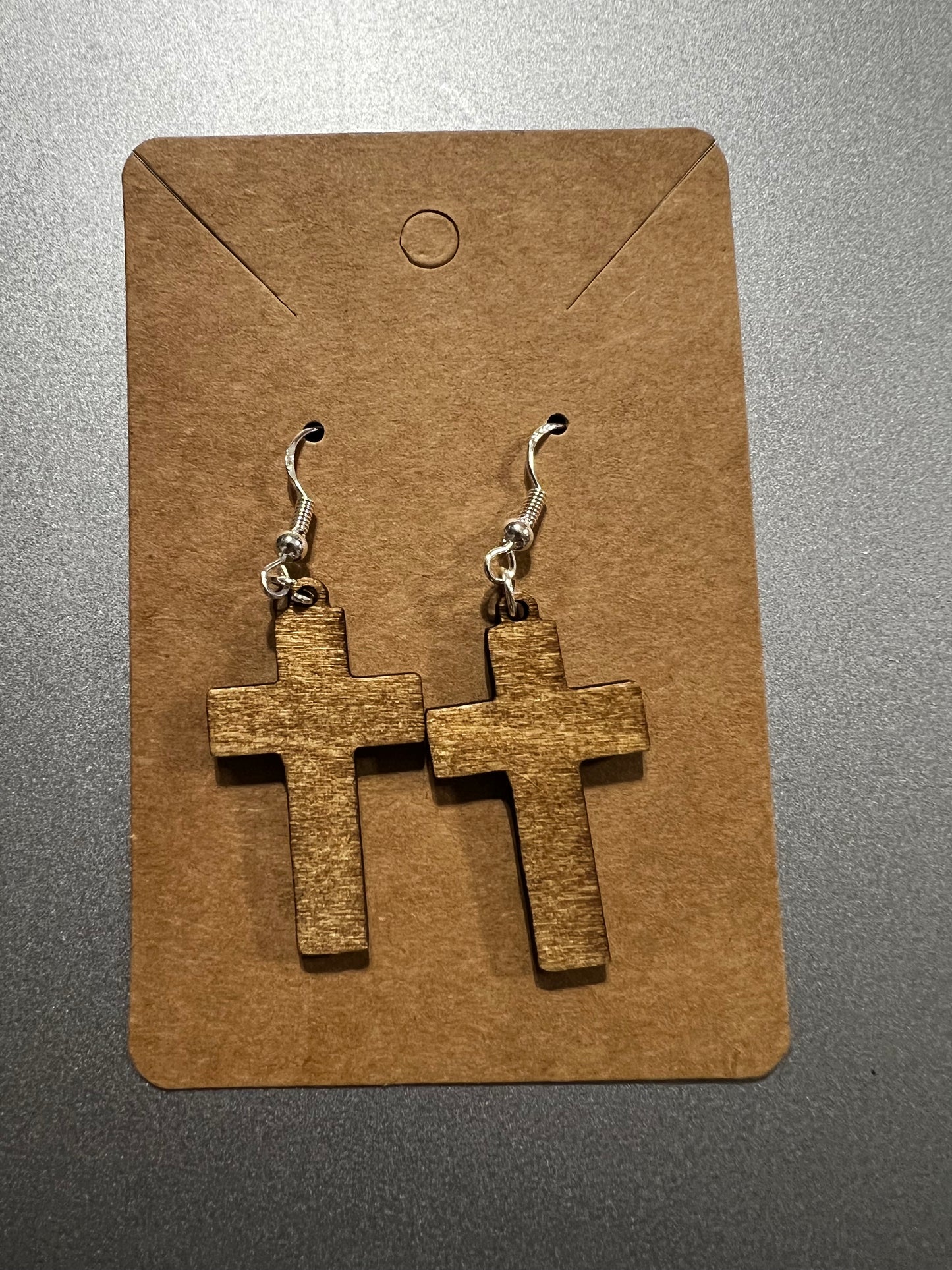 Wood Engraved Cross Dangle Earrings