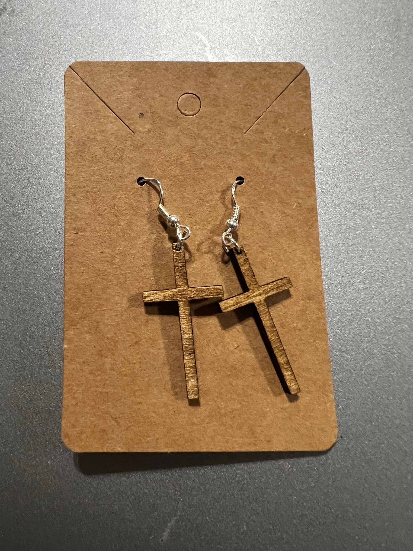 Wood Engraved Cross Dangle Earrings