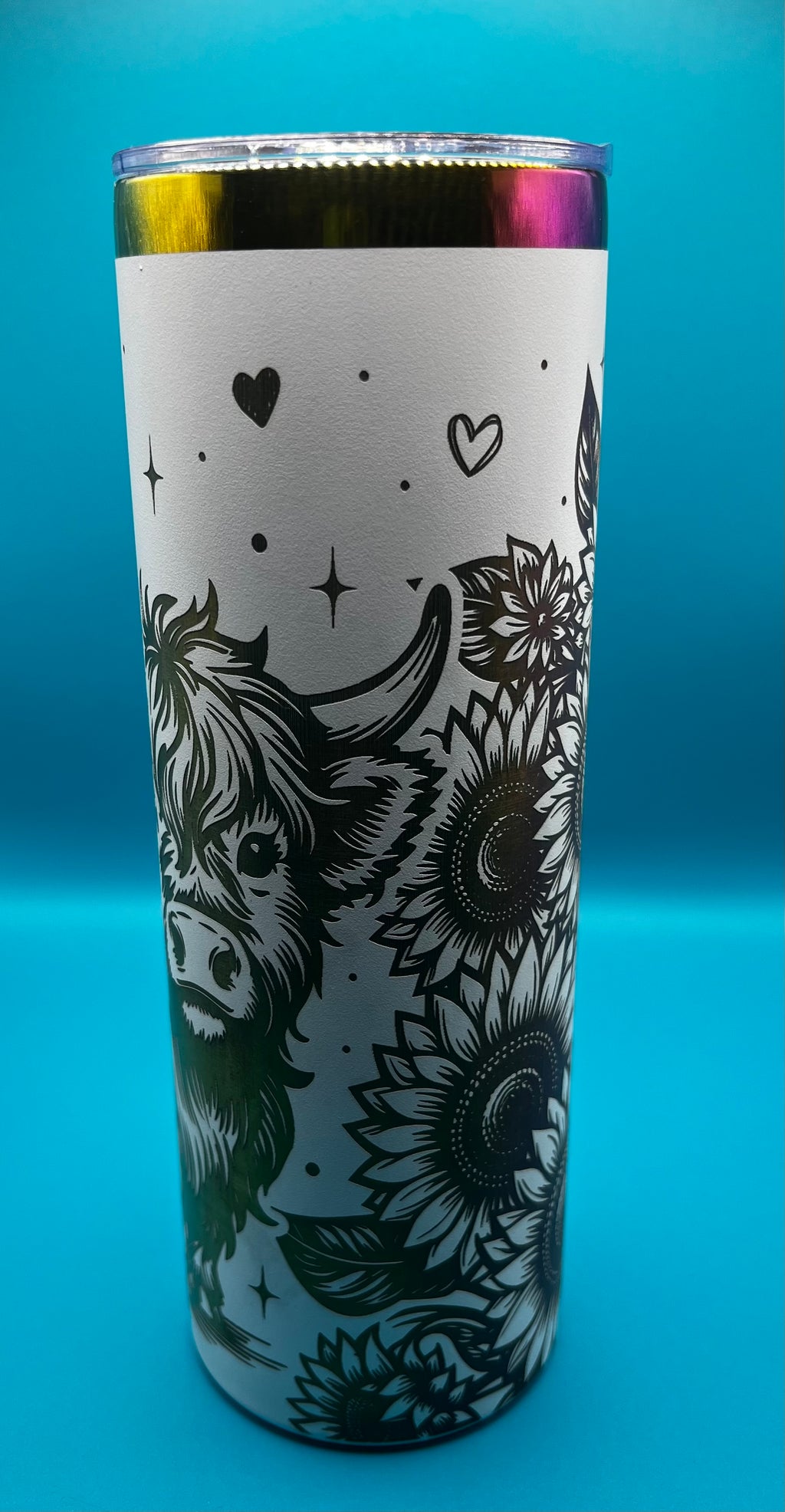 20 oz Skinny “Highland Cow” - Rainbow Plated Full Wrap Tumblers