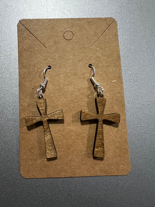 Wood Engraved Cross Dangle Earrings