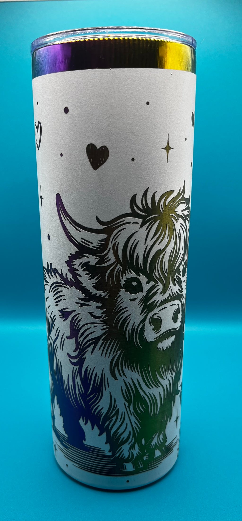 20 oz Skinny “Highland Cow” - Rainbow Plated Full Wrap Tumblers