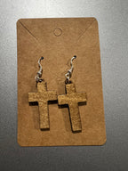 Wood Engraved Cross Dangle Earrings