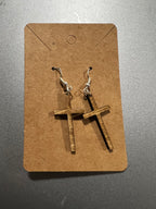 Wood Engraved Cross Dangle Earrings