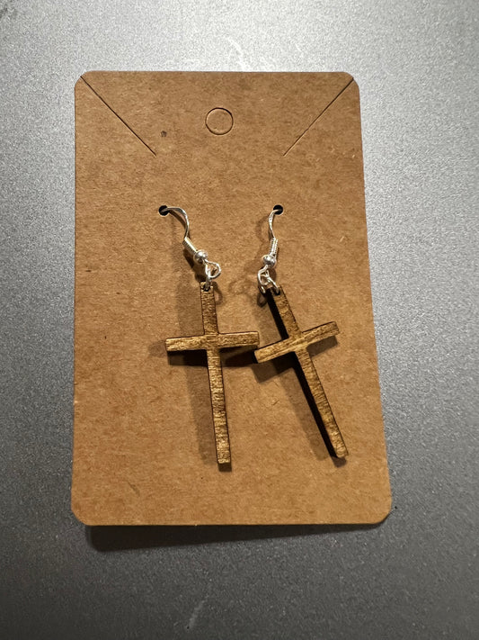 Wood Engraved Cross Dangle Earrings